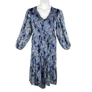 NWT Joie L Midi Dress Blue White Abstract Bohemian Balloon Sleeves Chiffon Flowy